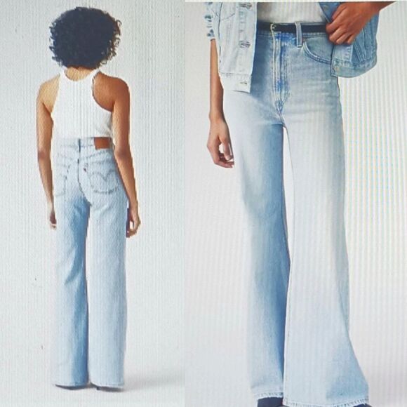 Levi’s Premium Ribcage Bell Wide Leg Jeans Size 26/30 Lt Wash Denim High Rise - Picture 1 of 8